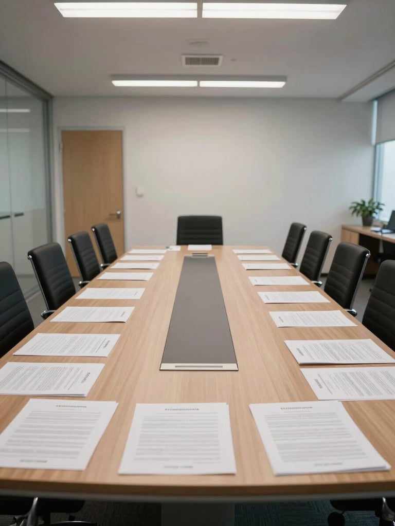 Wide environmental shot of a corporate meeting room, empty chairs around a long conference table, contracts and printed documents spread across the surface, clean overhead office lighting, no people, viewed from the doorway end with generous negative space on the left side