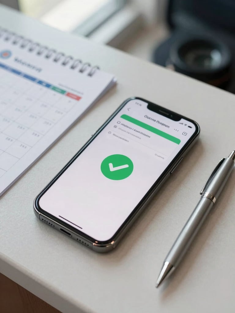 Close-up overhead of a smartphone on a clinic reception desk, screen showing a confirmed appointment booking notification with a green checkmark, clean daylight from a window, a printed calendar and pen visible beside the phone