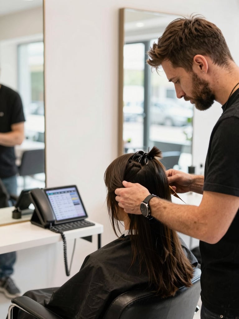 Environmental wide shot of a busy hair salon interior, a stylist mid-cut working on a client in the foreground, a desk phone and tablet showing a booking calendar in the background, bright natural window light, warm and active