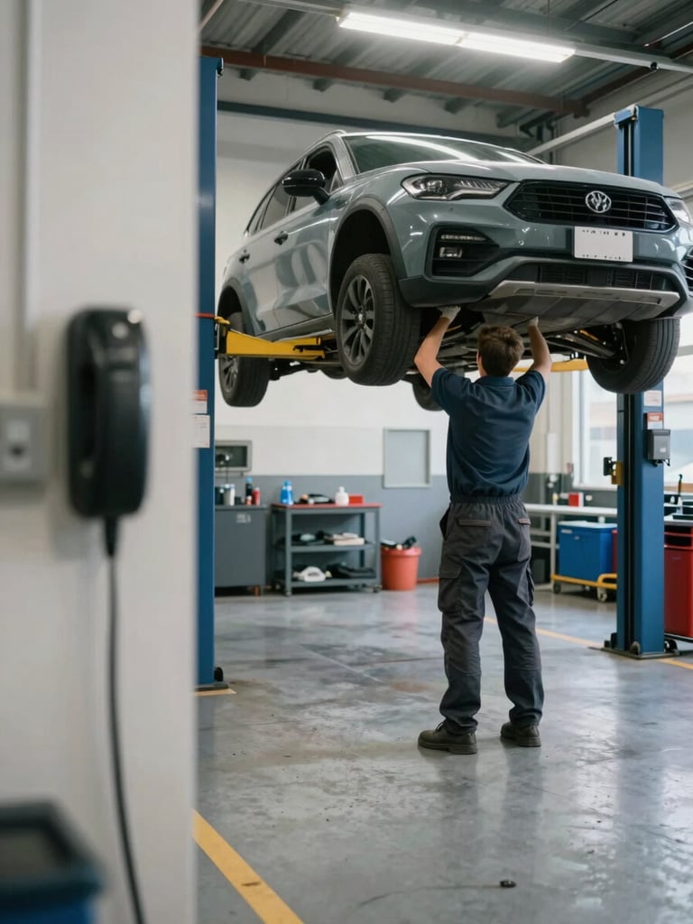 Wide environmental shot of an auto service bay, technician working under a lifted vehicle, shop phone mounted on the wall in foreground, clean fluorescent lighting, real working shop atmosphere