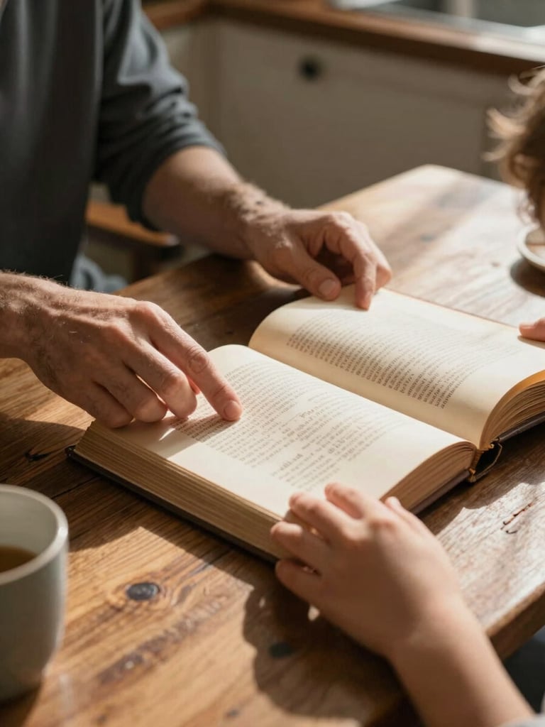 Close environmental shot of a parent's hands and a child's hands turning pages of a heritage book together on a worn wooden kitchen table, warm north-facing daylight raking across the surface, a ceramic cup visible at the edge of the frame