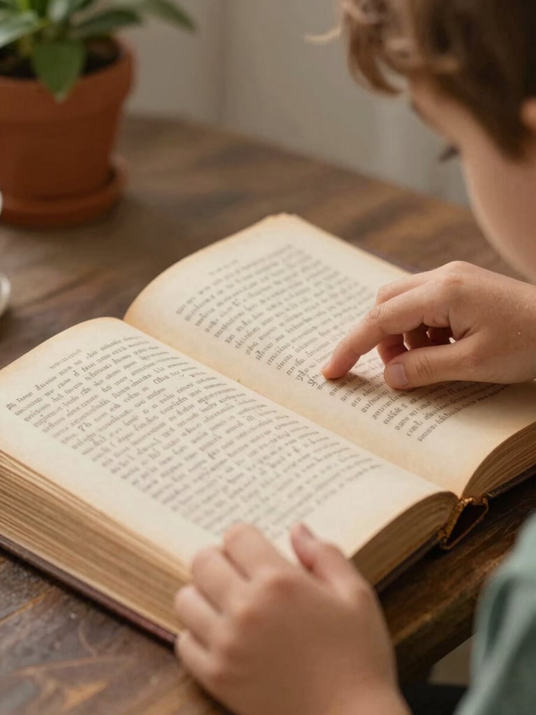 Tight frame of a child's hands turning the page of a worn heritage book with handwritten Portuguese text visible, warm north-facing daylight, shallow focus on the paper texture, family home corner in soft background blur, ochre and forest tones