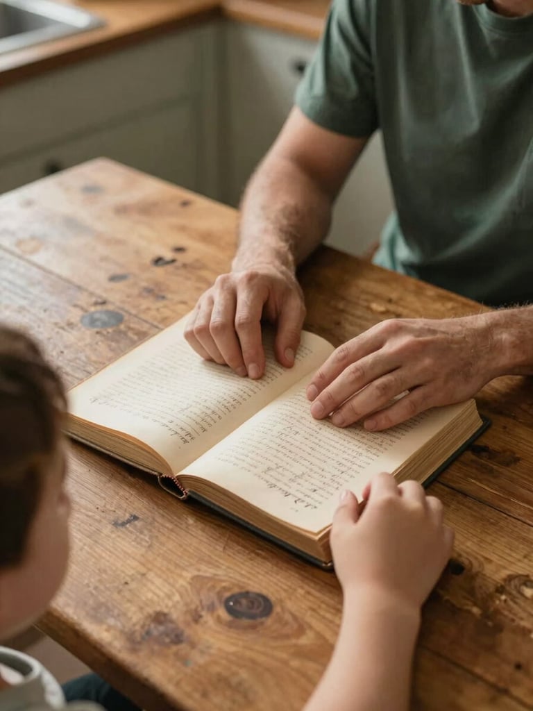 Close environmental shot from slightly above, a parent and child seated at a worn wooden kitchen table, hands over an open heritage book with handwritten script visible, warm north-facing daylight streaming from the left, muted ochre and forest tones, no faces fully visible — only hands and the top of heads, deeply focused