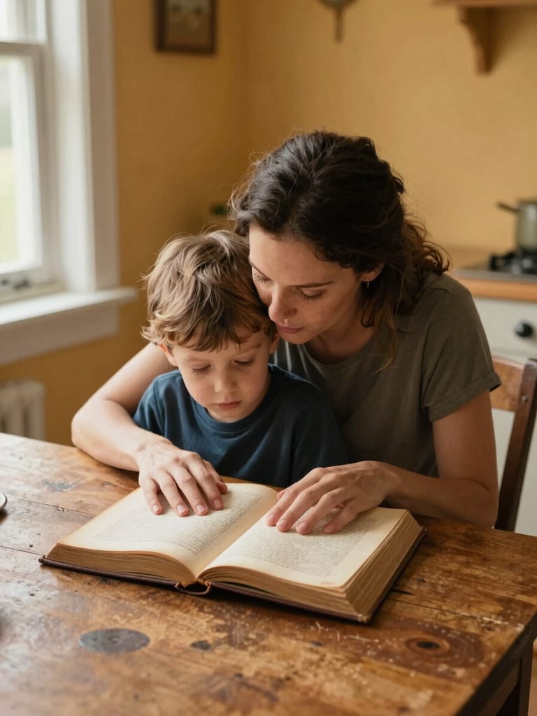 Close environmental shot from slightly above — a mother and child seated at a worn wooden kitchen table, heads tilted together over an open heritage book, hands touching the pages, warm north-facing daylight through a window at left, ochre wall behind, no faces fully visible, intimate and unposed