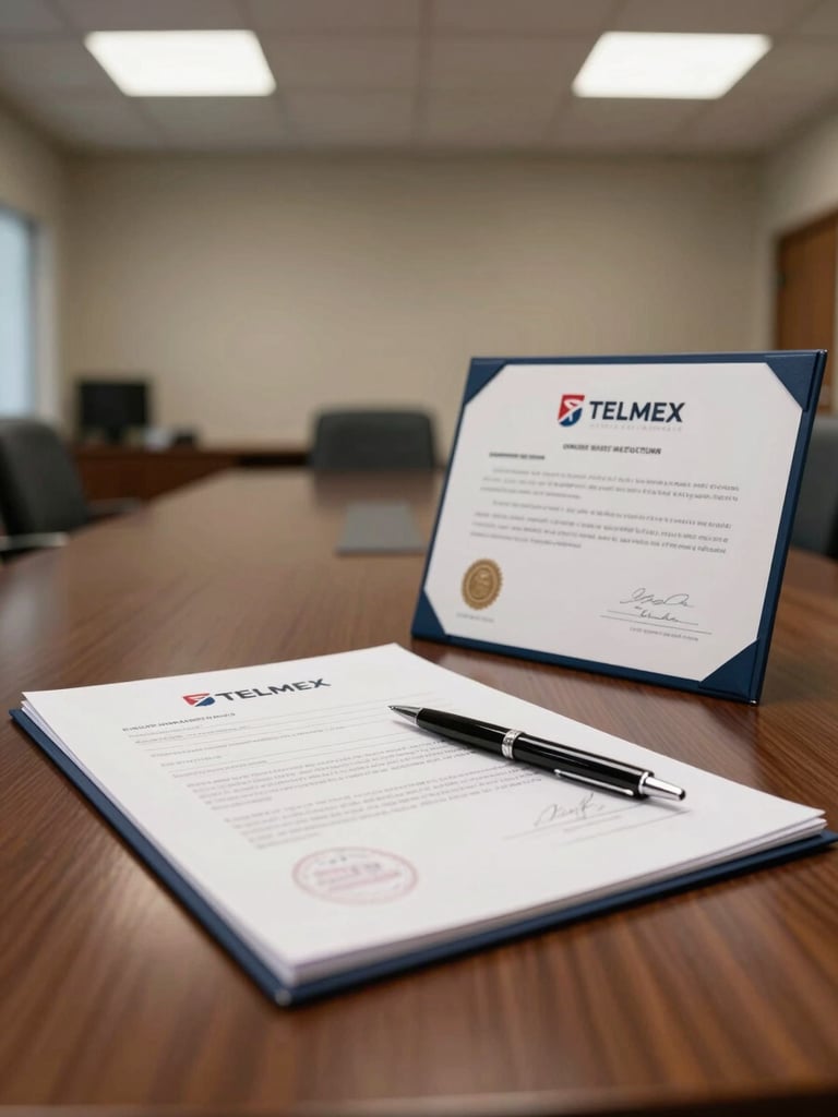 Medium shot of a professional negotiation table: a sealed transfer document with official stamps next to a TELMEX certificate, a ballpoint pen resting on the paper, institutional office environment, overhead balanced light, no people