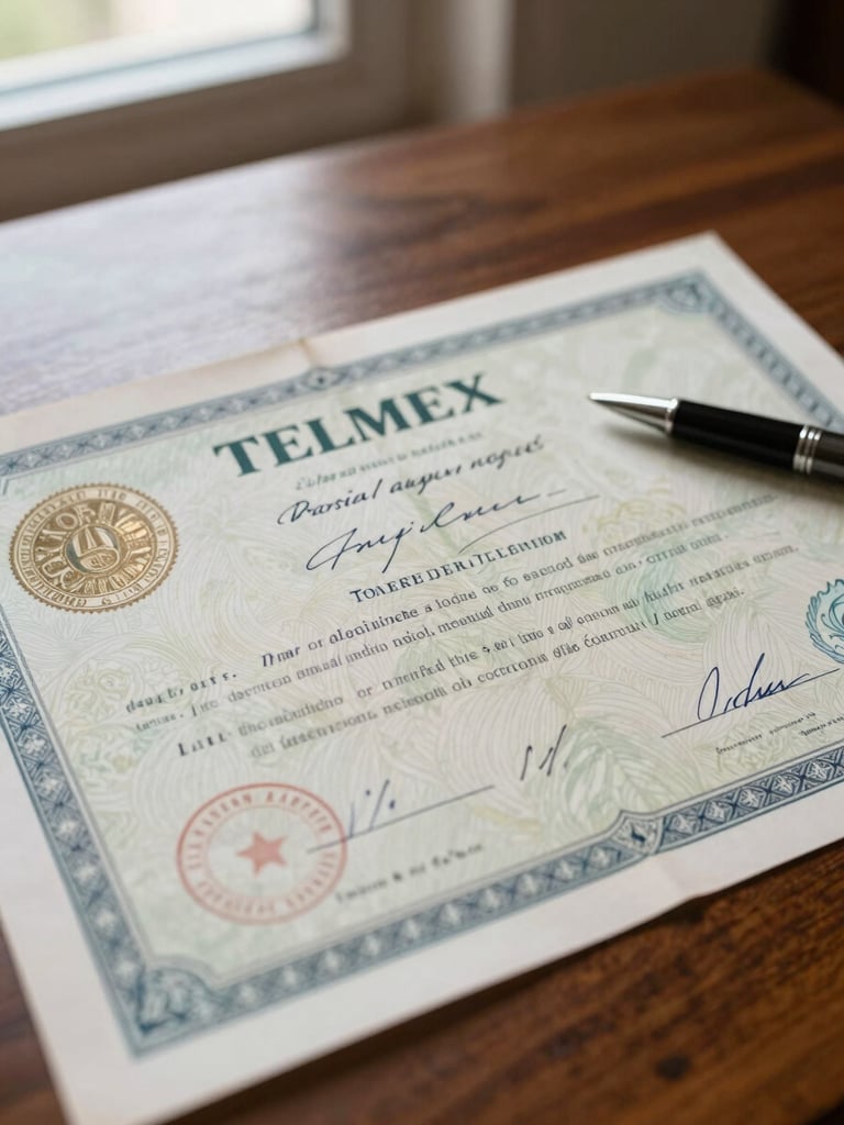 Extreme close-up of an aged TELMEX stock certificate on a wooden desk, visible official stamps and handwritten signatures, a pen resting beside it, institutional daylight from a side window, sharp focus on the document texture and security print details