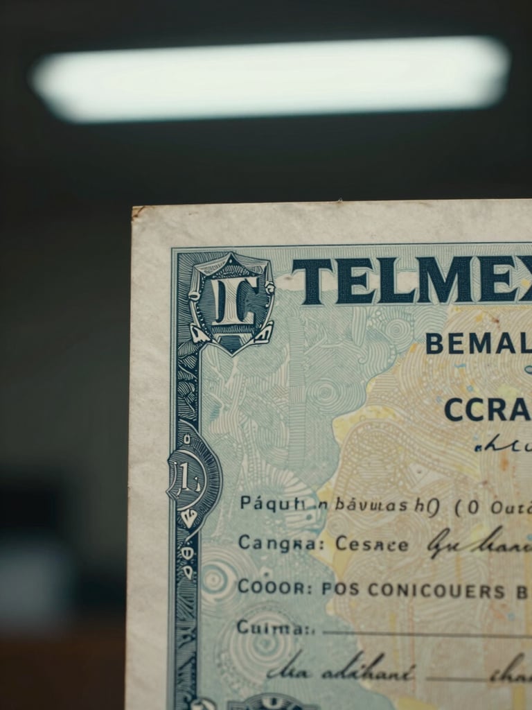 Extreme close-up of an aged TELMEX stock certificate placed to the right third of the frame, security print details and serial numbers visible, institutional fluorescent lighting from above, dark background on the left, certificate paper texture dominant, no people