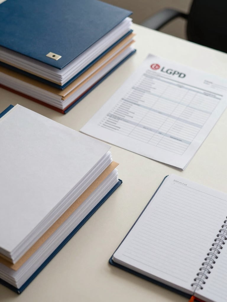 Overhead close-up of an organized Brazilian tax compliance workspace — neatly stacked legal folders, a printed LGPD checklist, and a ruled ledger on a cream desk surface under controlled studio strobe lighting, no people visible