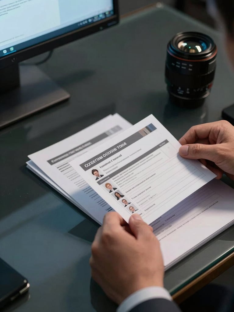 Close-up of a hiring manager's hands reviewing structured candidate profile cards on a dark glass desk, cool blue monitor glow illuminating the documents, sharp shadows, high contrast