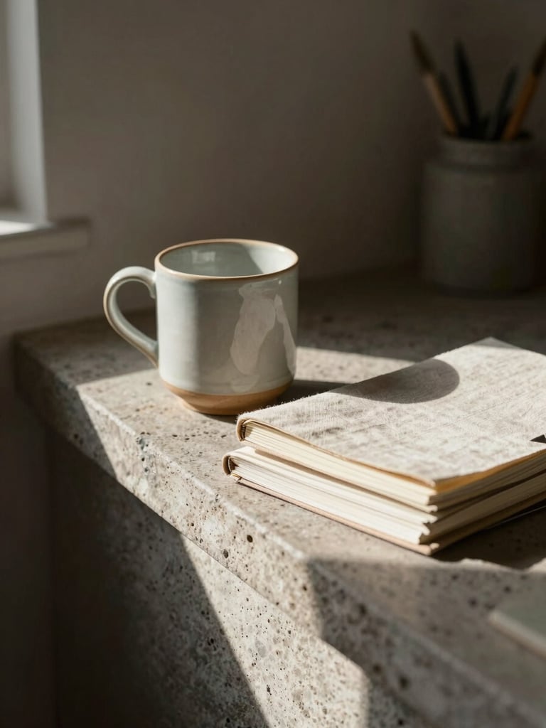 A quiet, sunlit corner of an artist's studio, a ceramic mug sitting next to a stack of linen notebooks on a textured stone ledge, soft afternoon shadows.