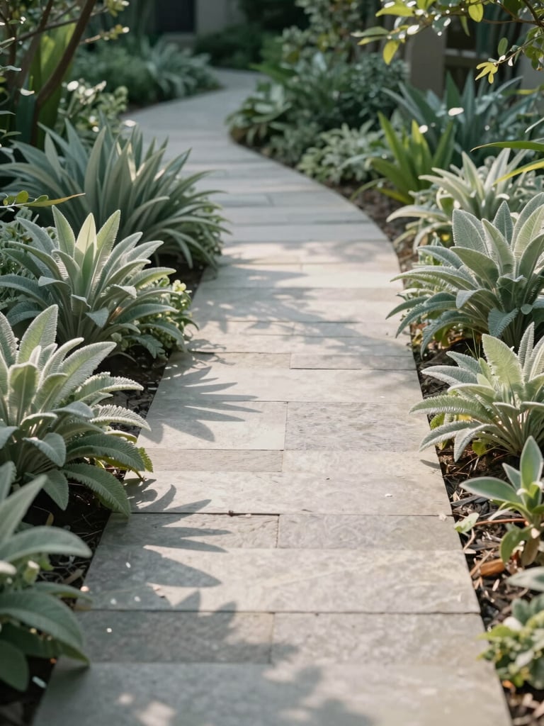 A quiet, sunlit stone path winding through a minimalist garden with sage green foliage, soft afternoon shadows, peaceful atmosphere.