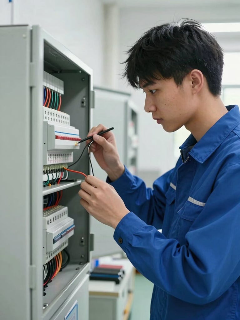 Portrait aspect. A student in a clean blue uniform wiring an industrial electrical control panel, bright natural lighting, focused medium shot.