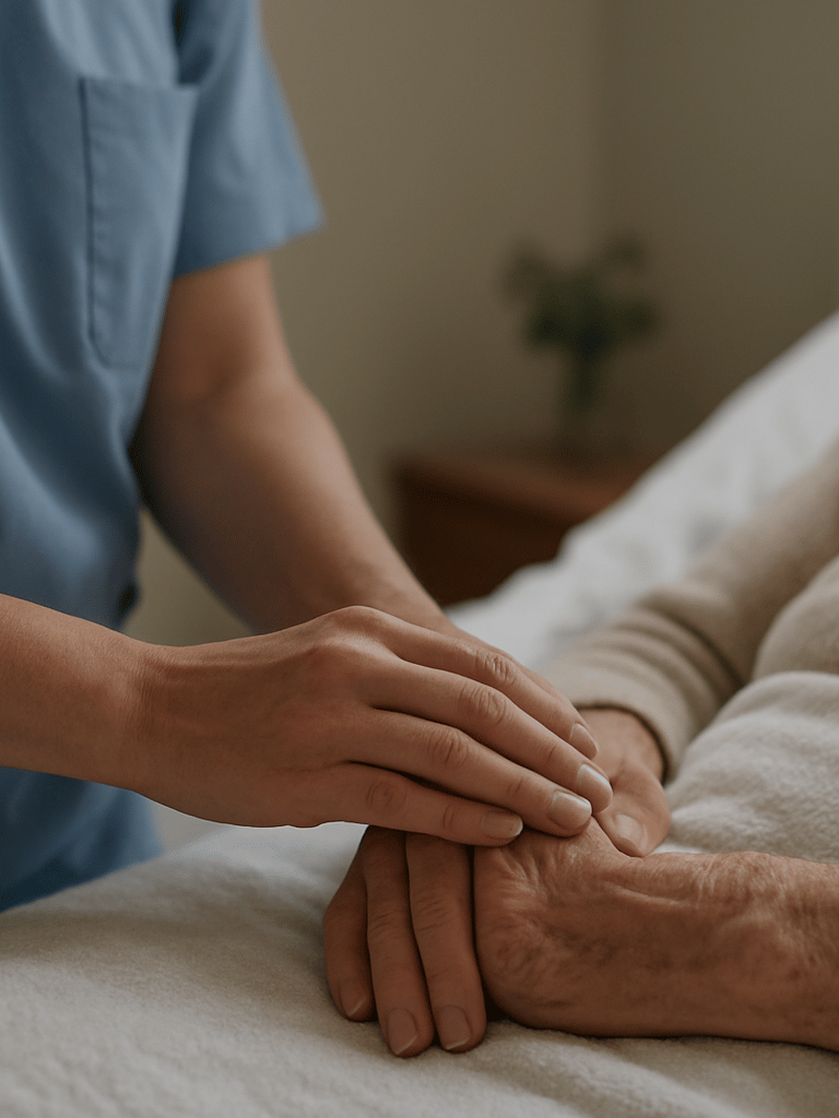 Close-up of a care professional's hands gently guiding an elderly resident's arm during morning care, natural overcast window light from the left, clinical but warm bedside environment visible in soft background focus