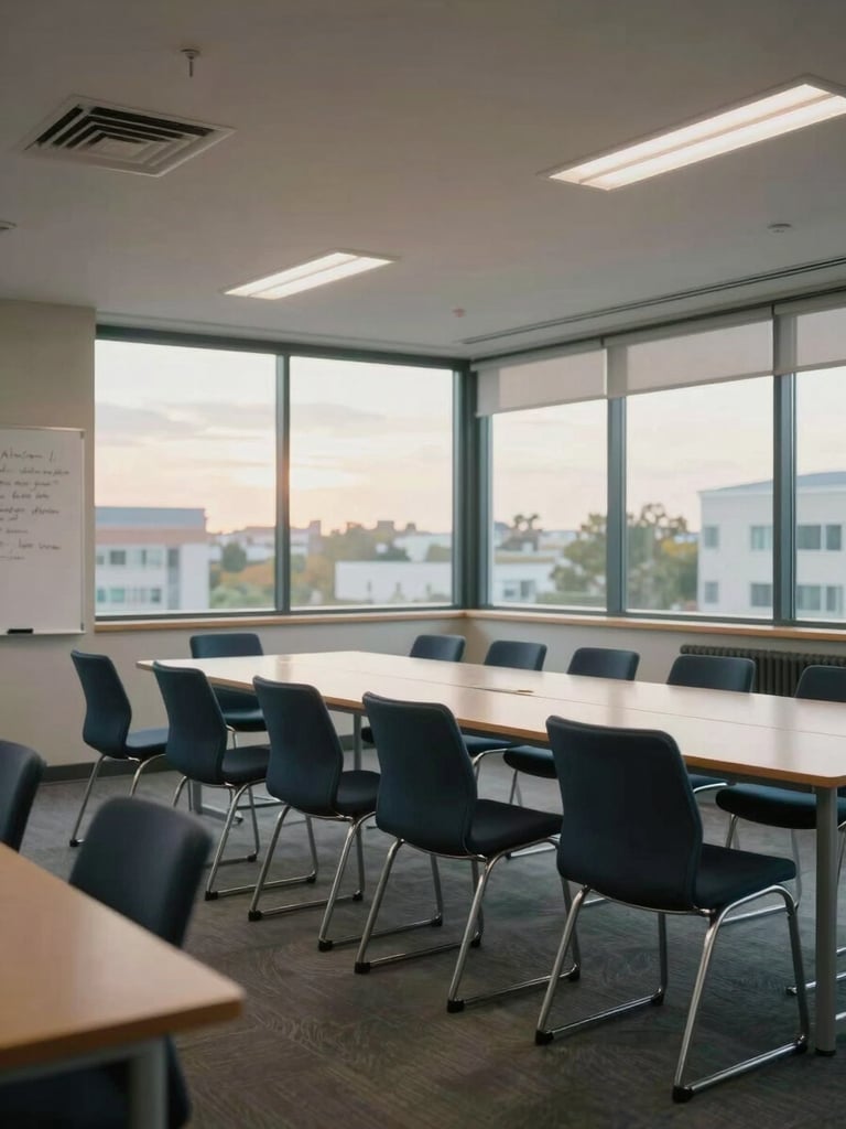 Wide environmental shot, late-afternoon overcast light through floor-to-ceiling windows of an empty modern care organization meeting room, chairs arranged around a long table, a whiteboard with handwritten text partially visible at the far left edge, documentary framing, navy and neutral tones, no people