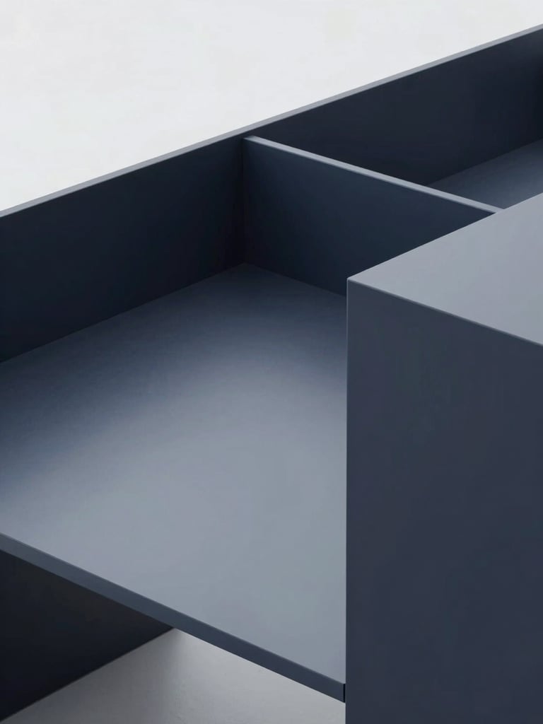 High-angle geometric composition of a clean, structured modern workspace with architectural lines, cool overcast daylight, desaturated navy tones, sharp focus, 35mm.