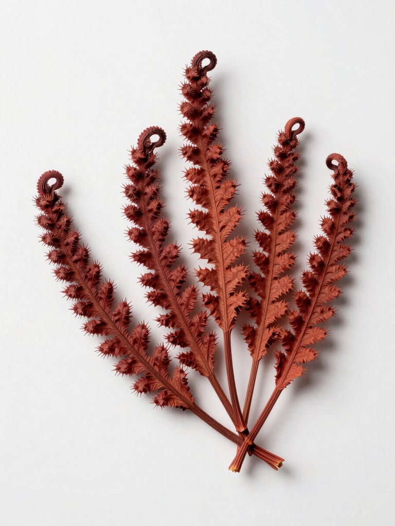 Overhead flat-lay of dried Hypnea fronds arranged loosely on a white surface, showing coiled hook-like branch tips and fibrous texture, bright diffused studio light from directly above, minimal shadow, red-brown coloration clearly visible