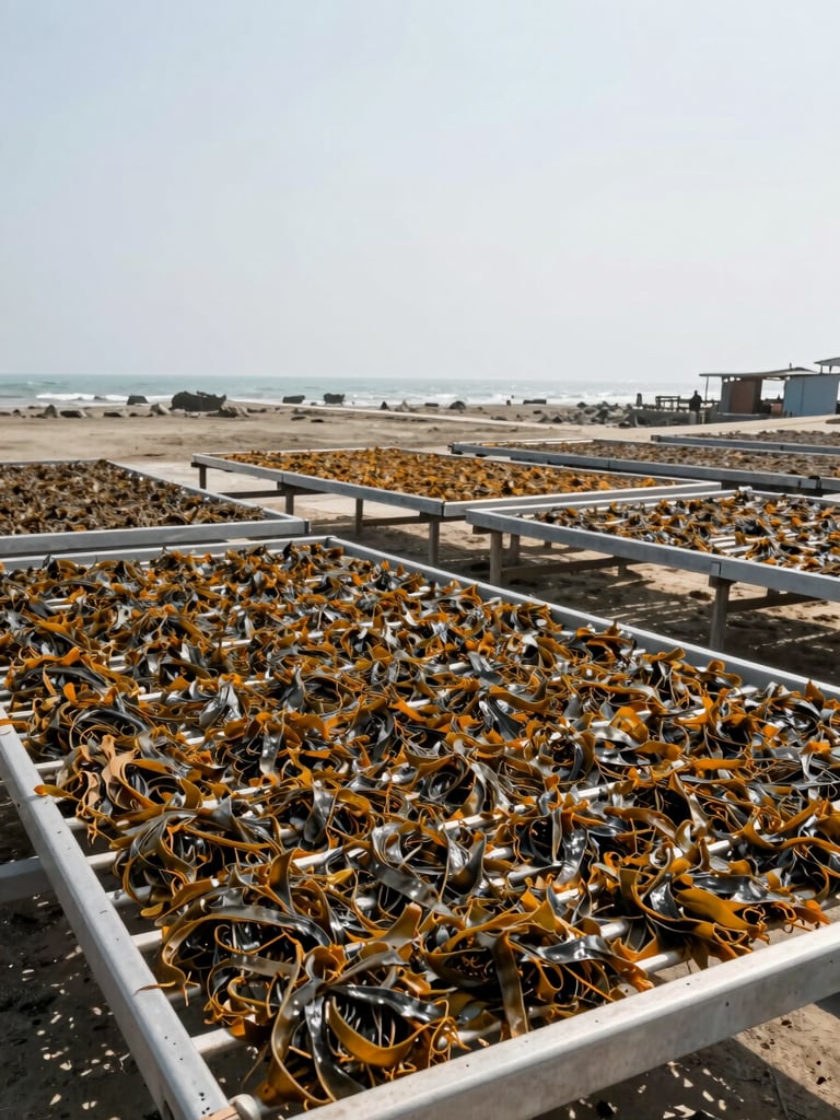 Wide documentary shot of dried seaweed laid out on industrial drying racks in an open coastal processing area, bright overhead daylight, Bangladesh coast visible in the background, no people, clinical and factual framing