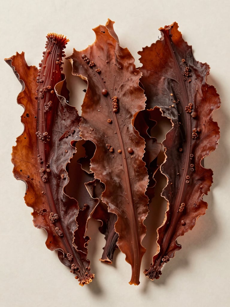 Overhead flat-lay of dried Gracilaria seaweed spread across a pale neutral surface, bright diffused studio light revealing the reddish-brown frond texture, shadow-free, macro detail visible at edges