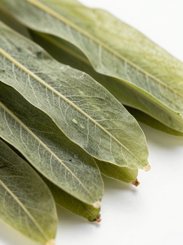 Extreme close-up macro shot of dried Ulva fronds on a white surface, bright diffused studio light showing the thin papery leaf structure, pale green color, and delicate vein pattern, no shadows