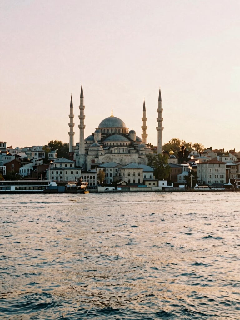 Warm sunset light over the Golden Horn in Istanbul, nostalgic 35mm film grain, soft cream tones