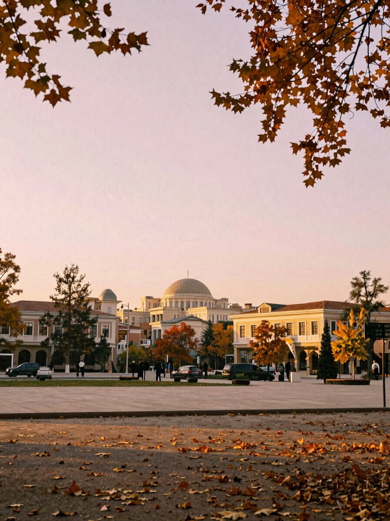 Elegant golden hour view of Kuğulu Park in Ankara, soft autumn leaves, nostalgic film grain, warm tones