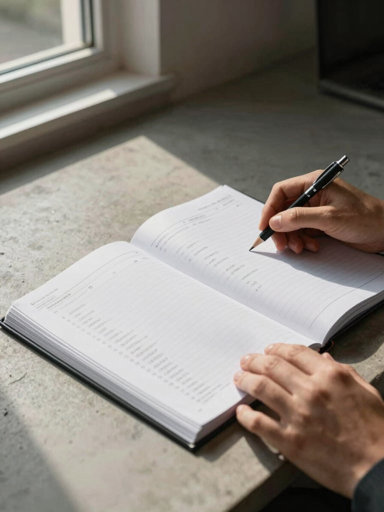 Wide environmental shot, close detail of hands resting on an open financial ledger atop a bare concrete desk, a single mechanical pencil beside the page, lit by controlled north-facing daylight from a tall off-frame window casting clean parallel shadows across the document surface, no warm tones