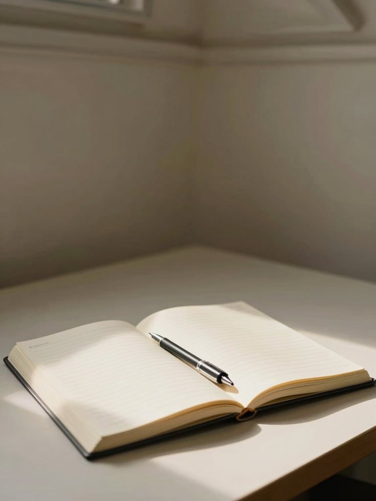 Wide environmental shot of a minimal office corner, a single open notebook with ruled pages on a pale desk, a mechanical pencil resting diagonally across the page, north-facing diffused daylight, no warm tones, architectural ceiling detail visible above
