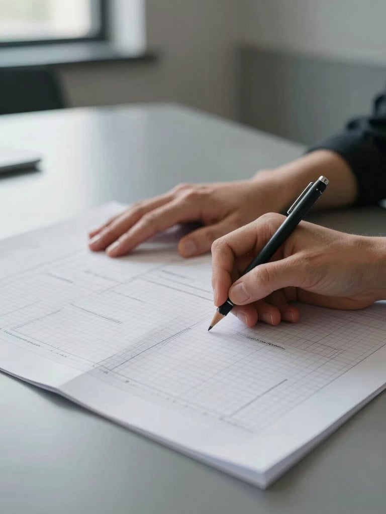 Close-up panoramic of hands resting flat on a ruled architectural document spread across a conference table, a mechanical pencil held lightly in the right hand, cool north-facing daylight entering from the left, deep focus on the document grid lines, muted grey surface surrounding, no warm tones