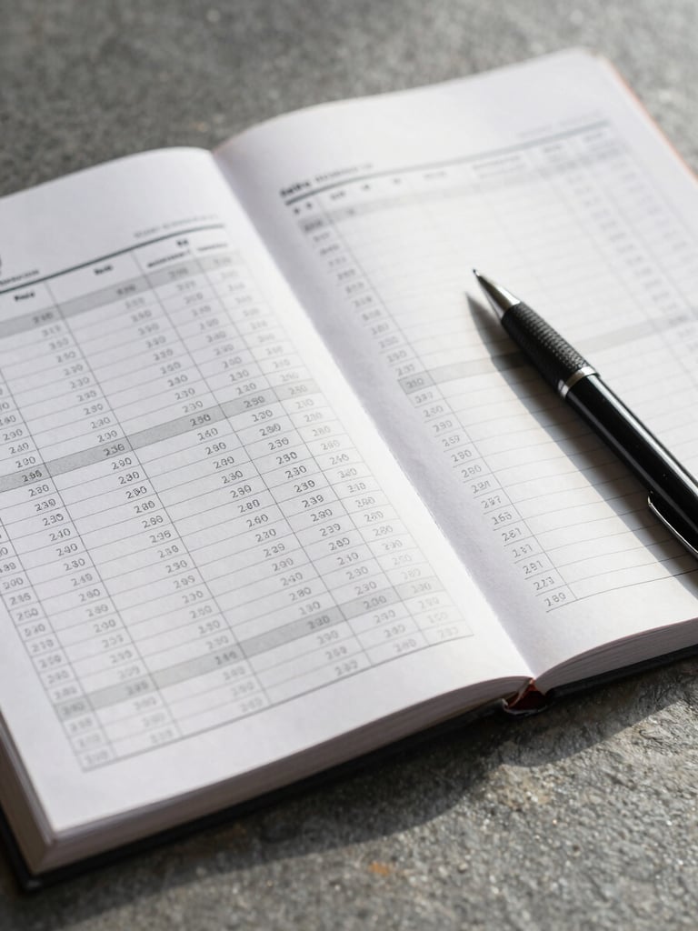 Close detail of a tax ledger open on a grey stone surface, a single pen resting on the right page, controlled north-facing studio light creating crisp shadows across the columns of figures, tight editorial crop, no people