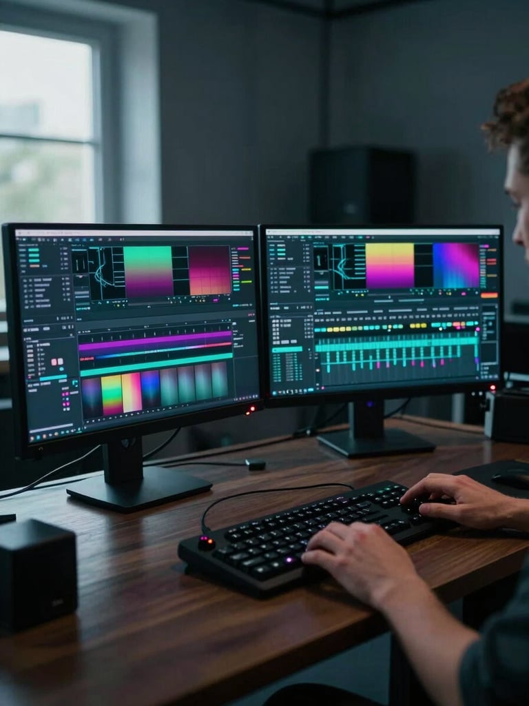 Wide cinematic still from a professional color-grading suite, dual monitors glowing with deep teal and magenta film grade, a colorist's hand resting on a DaVinci Resolve panel to the right, cool northern window light entering from the left, studio environment receding into dark background, high production value