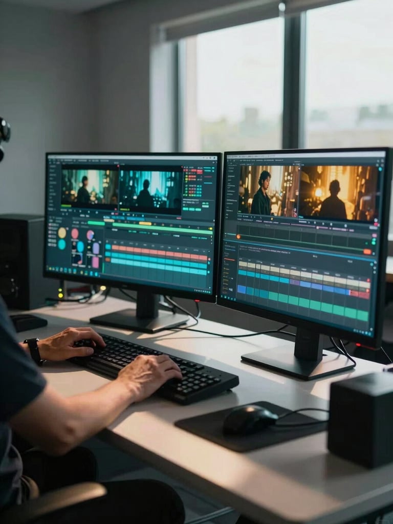 Wide shot of a professional color-grading suite from the left side, multiple reference monitors displaying cinematic footage in cool cyan and amber tones, editor's hands resting on a control surface, dramatic directional light from a northern-facing window casting sharp shadows on the desk, cables and equipment visible in the foreground