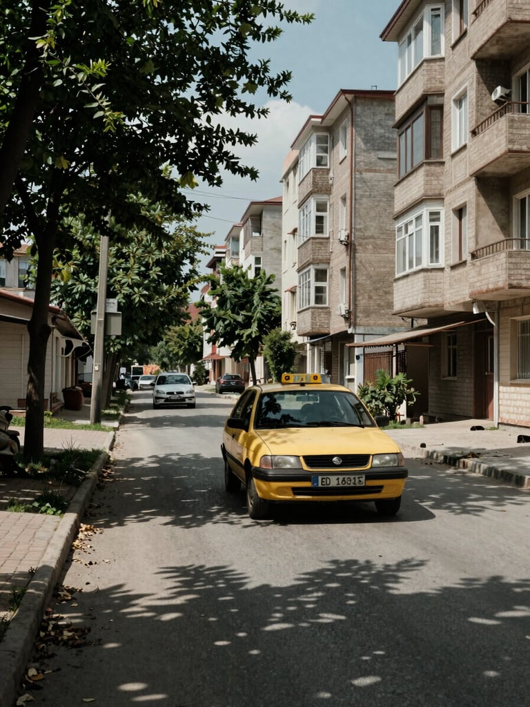 Wide environmental shot of a taxi cab driving through a residential neighborhood in Elazığ, low-rise apartment buildings lining both sides of a tree-shaded street, dappled daylight, documentary framing, no people posed