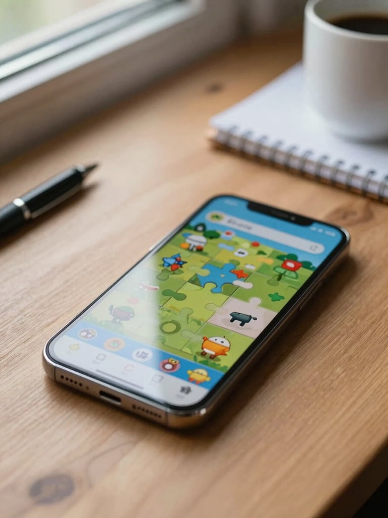 Close-up of an Android phone resting on a wooden desk near a window, a puzzle game interface visible on screen, natural afternoon light falling across the surface, a coffee cup and notebook blurred in the background — the phone as one tool among several, not the focal hero