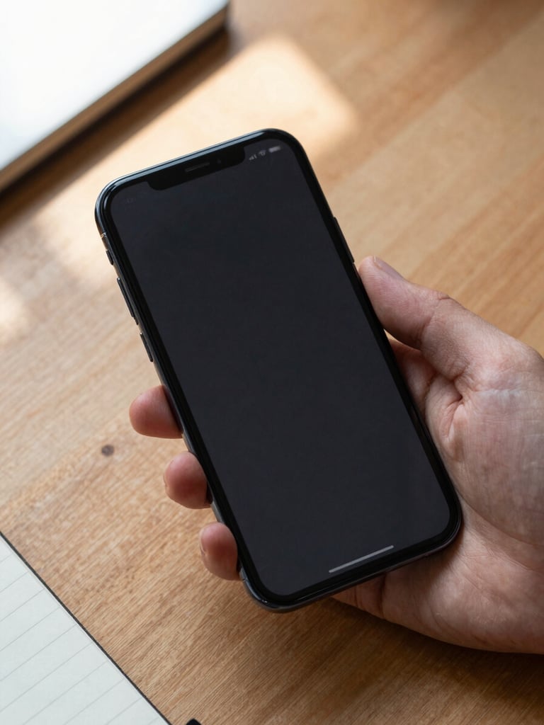 Close-up of an Android phone held in a hand over a wooden desk, screen showing a minimal dark interface, natural daylight from a nearby window casting soft shadows across the surface, a notebook and pen visible at the edge of the frame — device as one tool among others