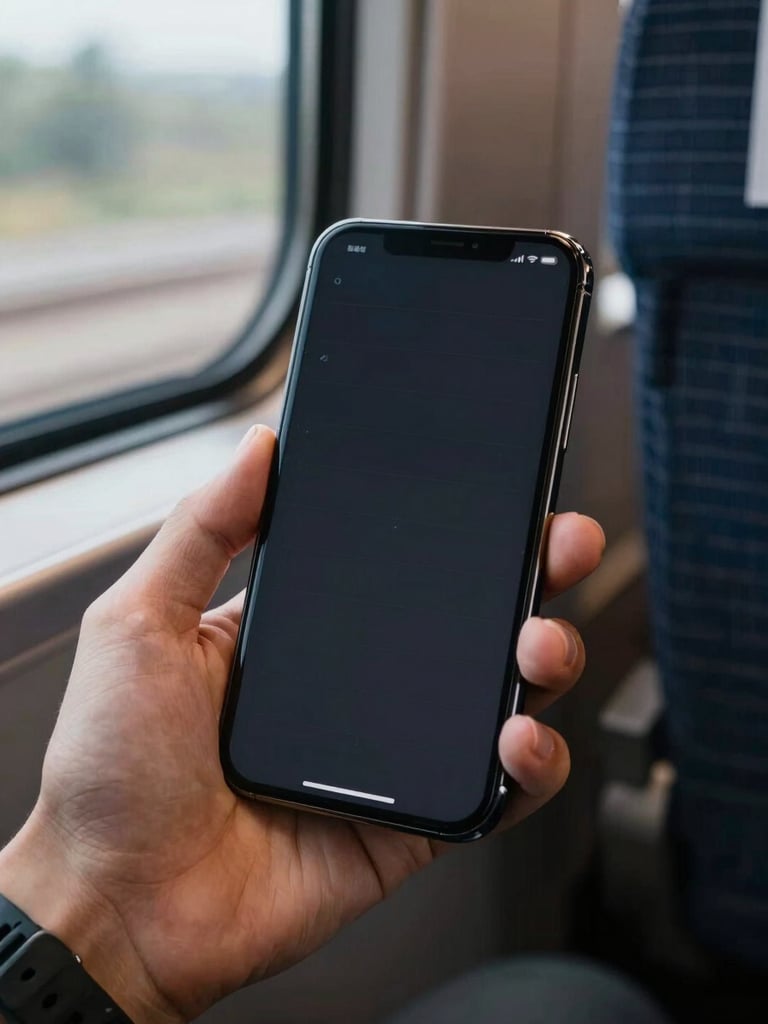 Close-up of an Android phone held in one hand on a commuter train seat, screen displaying a minimal dark app interface with a single column of plain text entries, ambient daylight from a train window illuminating the hand and screen edge, the phone occupying the left half of the frame with the seat fabric visible at right