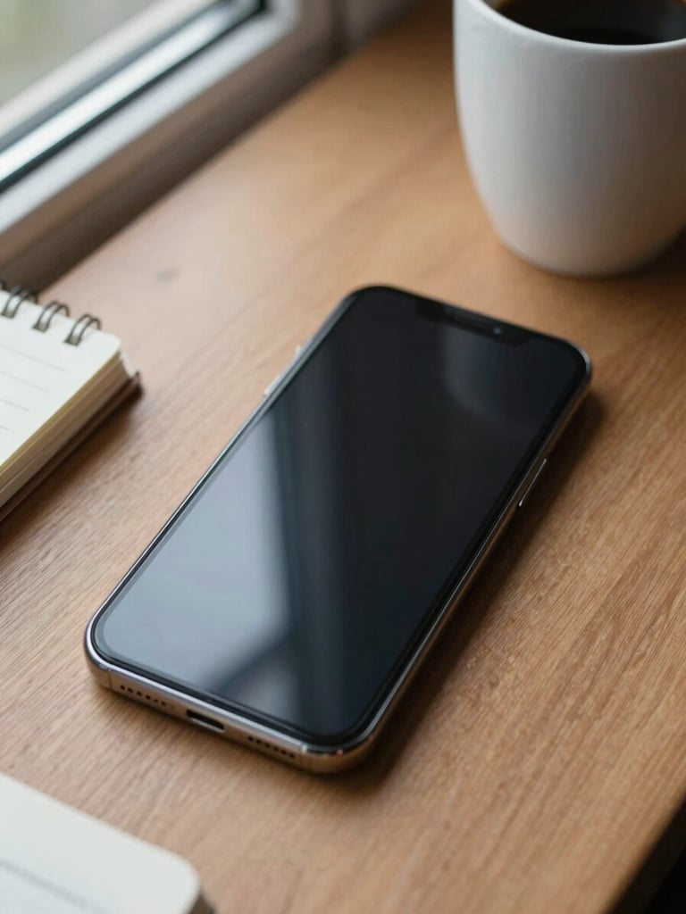Close-up of an Android phone resting flat on a wooden desk beside a coffee cup and notebook, natural daylight entering from a window to the left, the phone screen showing a minimal dark interface at actual scale, soft ambient shadows across the desk surface, the device is one quiet tool among others