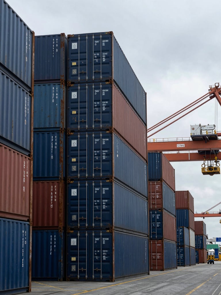 Wide-angle view of an organized shipping container terminal at a major port, stacked steel containers in deep navy and rust under cool overcast daylight, a gantry crane visible at the right edge, calm industrial scale