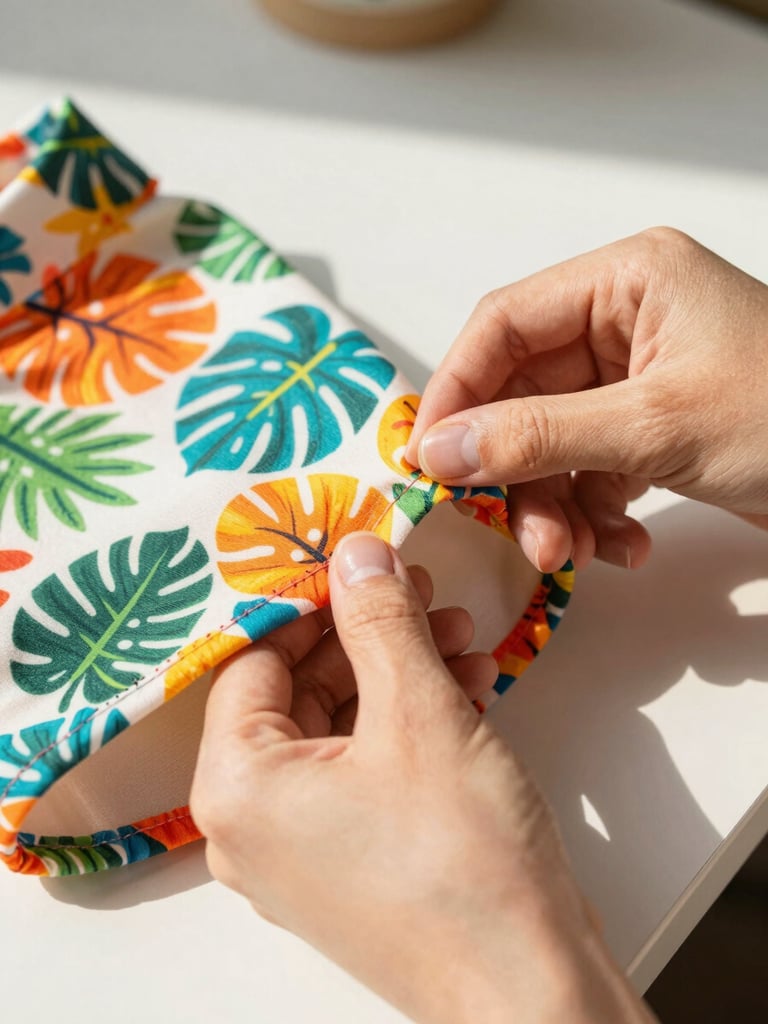 Close up of hands sewing a colorful tropical pet shirt with precise stitching on a clean workspace, warm natural light