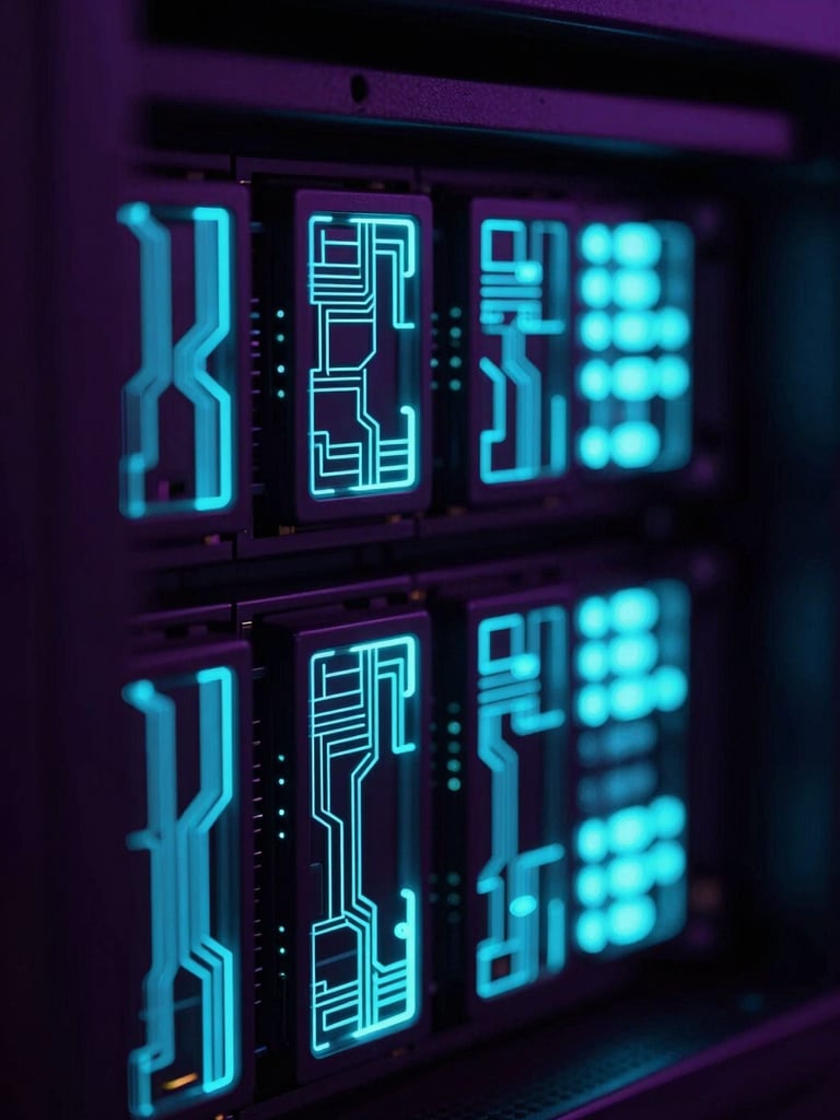 Macro close-up of glowing electric cyan server rack lights in a dark room, deep violet shadows, high contrast, sharp futuristic rendering