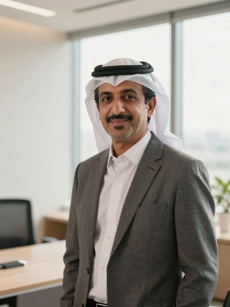 A warm editorial portrait of a Bahraini corporate leader in a clean, modern office setting, soft natural window light, professional and trustworthy expression, 35mm