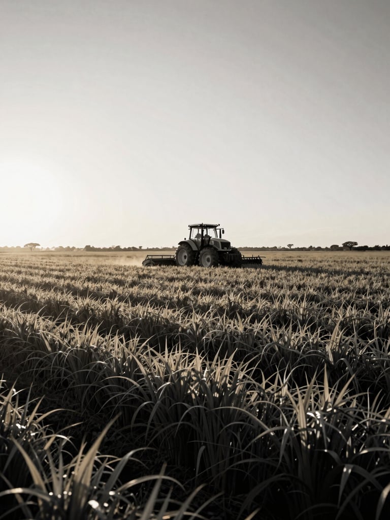 Wide environmental landscape of an African crop field at golden hour, a modern tractor harvesting in the distance, dramatic low-angle sun, high contrast black and gold tones, medium format film.