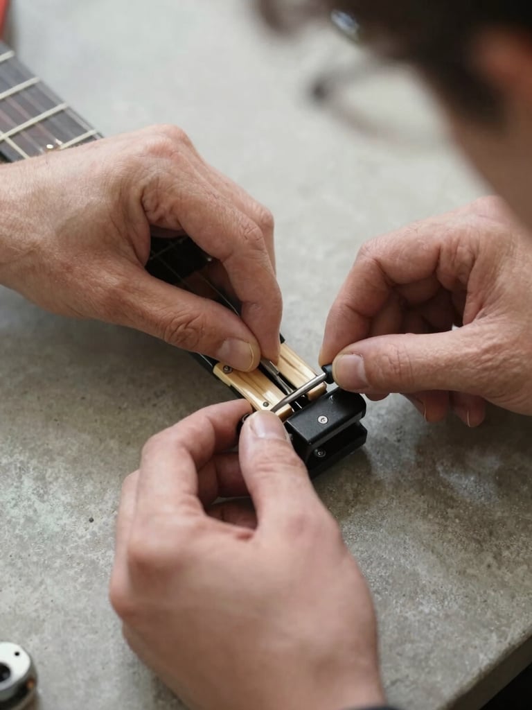 Close-up overhead shot of a craftsperson's hands adjusting a guitar bridge saddle on a workbench, small screwdriver in hand, neutral concrete surface beneath, bright north-facing daylight, no faces visible