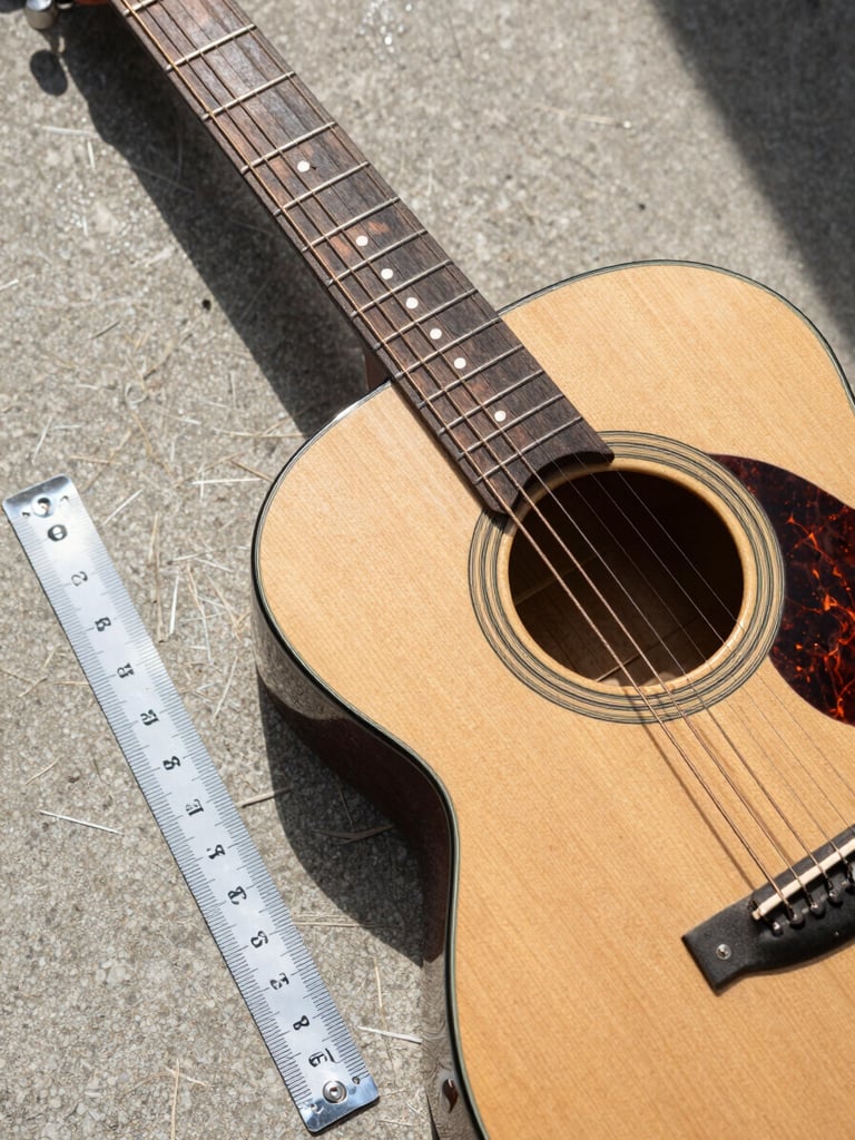 Close-up overhead shot of a guitar body on a concrete surface, a ruler measuring the string height at the nut, natural north-facing daylight, tools laid flat beside it, no hands visible
