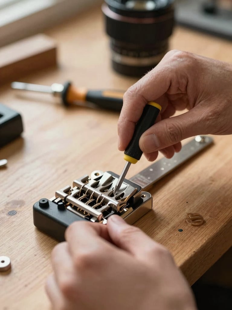 Tight close-up of hands adjusting a guitar bridge saddle with a small screwdriver on a wooden workbench, natural north-facing daylight from the left, tools in soft focus in the background, no faces visible