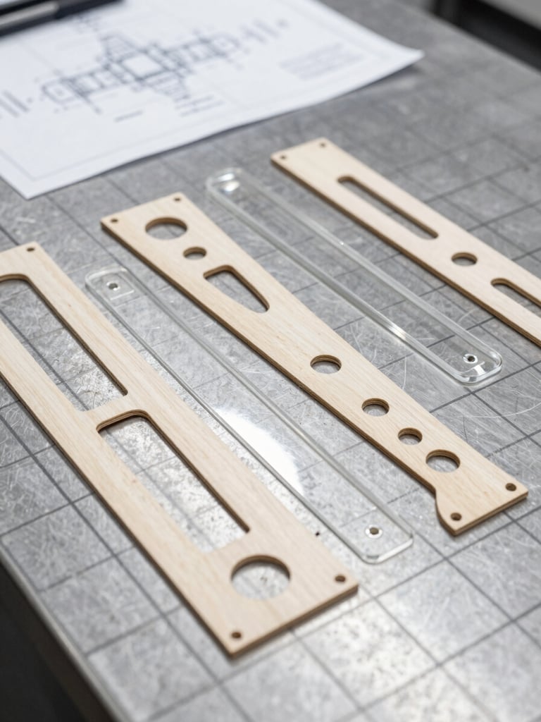Overhead flat-lay of highly precise laser-cut plywood and acrylic templates resting on a clean, gridded steel workbench, technical drawing visible in background, 50mm lens