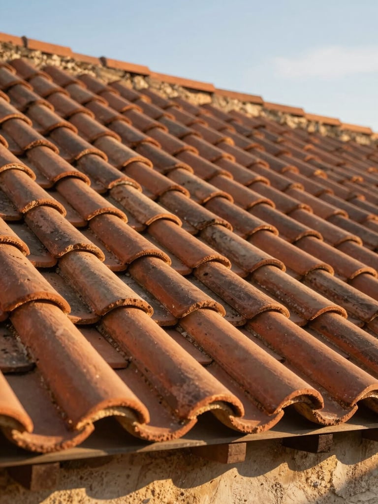 Tight portrait framing of a completed terracotta tile roofline on a Languedoc farmhouse, late afternoon golden light raking across the ridge, sky visible in upper corner, no people