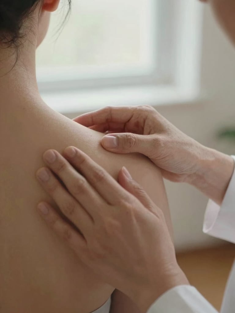 Close-up of a therapist's hands gently adjusting a client's shoulder posture mid-session, soft diffused daylight from a nearby window, warm neutral background, no faces visible, precise and human touch captured mid-movement