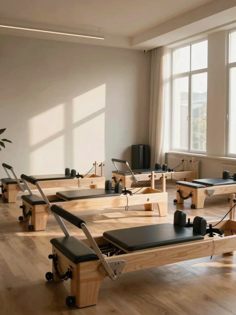 Wide interior shot of a calm pilates studio bathed in soft north-facing window light from the right, empty reformer equipment arranged in precise rows on warm wood floors, no people, quiet morning atmosphere, neutral walls with gentle shadows