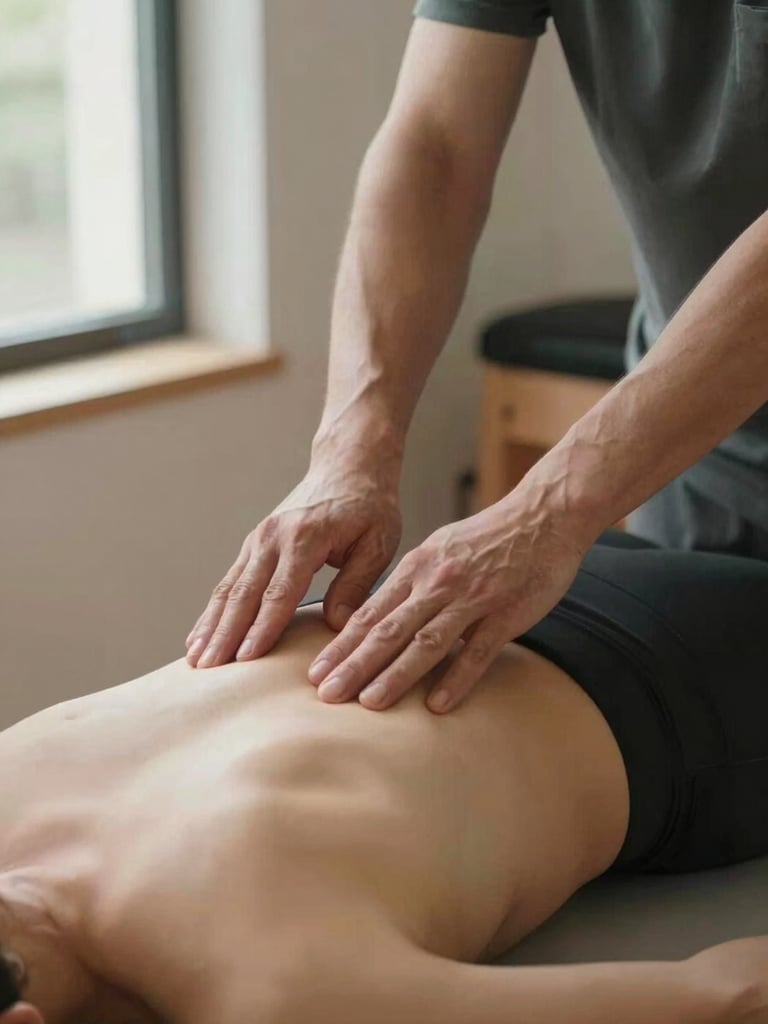 Close-up of a physiotherapist's hands gently adjusting a patient's lumbar posture on a reformer, warm studio window light from the left, precise and calm, no faces visible