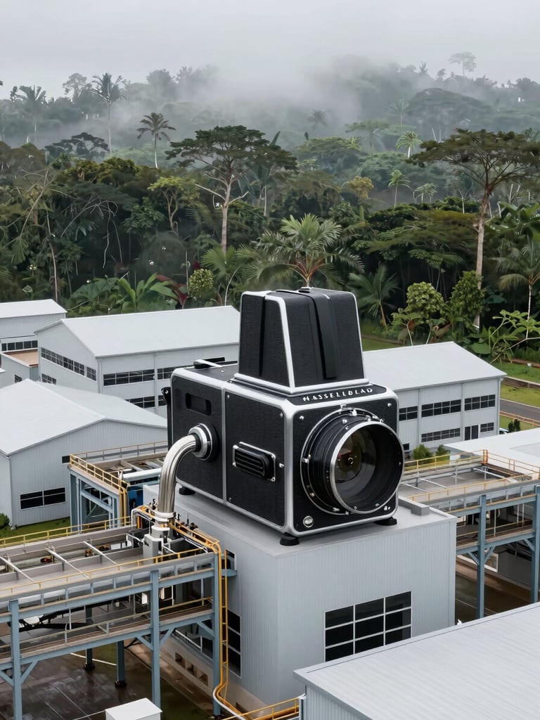 Close-up of advanced technological components integrated with natural elements, clean industrial architecture of sustainable processing plant, misty overcast daylight, cool desaturated tones